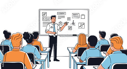 Illustrated Classroom Scene Depicting Teacher Explaining Math Lesson to Students with Graphic Elements on Whiteboard
