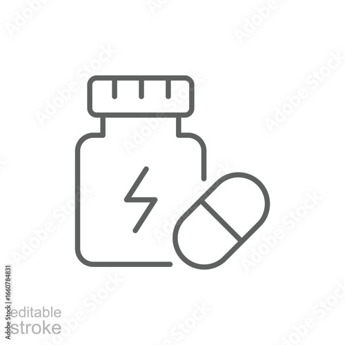 Sports nutrition icon. Simple outline style. Fitness supplement, Sport, container, gym, energy, training, healthy, workout, protein concept. Thin line symbol. Vector isolated design editable stroke