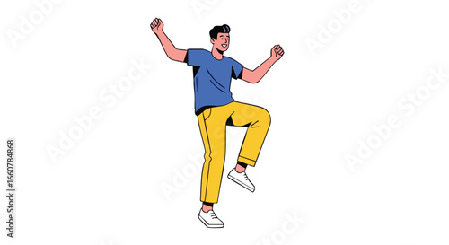 Cartoon man celebrates with arms raised and leg lifted on white background showcasing success and excitement in a simple illustrative style