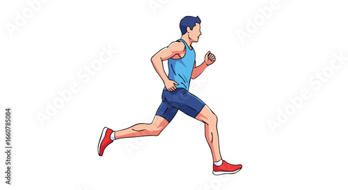 Dynamic Cartoon Illustration of a Muscular Man in Athletic Gear Mid-Run on Plain Background