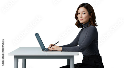 A young asian woman sitting at a desk and working on a laptop, isolated on white background