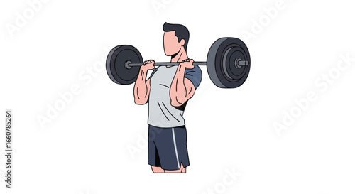 Illustrated weightlifter performing front squat exercise with heavy barbell, showcasing strength and fitness using a clean, modern illustration style