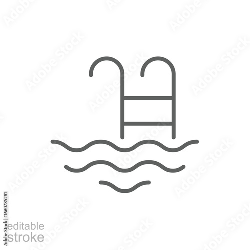 Ladder in swimming pool icon. Simple outline style. Olympic, poolside, leisure, beach, water, summer, wave, hotel, poolside access concept. Thin line symbol. Vector isolated design editable stroke