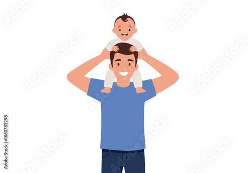 Happy man carrying a baby on his shoulders. Suitable for parenting blogs, familyrelated websites, and promotional materials.