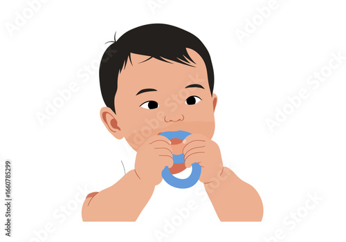 Baby biting on a blue teething ring toy. Perfect for baby product advertisements, parenting blogs, and childcarerelated materials.