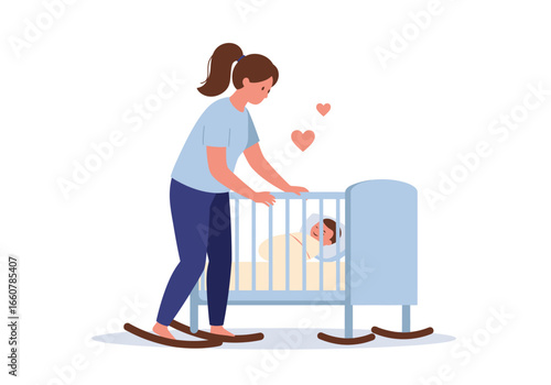 Mother stares lovingly at baby in blue crib, creating peaceful and tender imagery perfect for parenting blogs and babyrelated content.