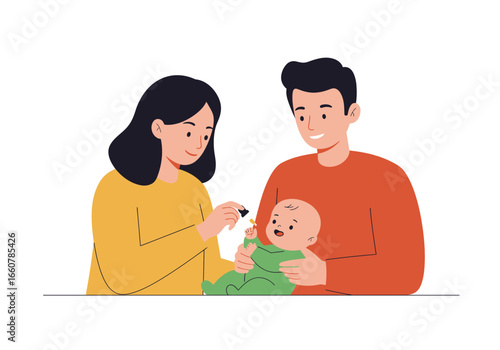 Family smiles as mother gives medicine to baby, showing love and care. Suitable for healthcare or parentingrelated designs and promotions.