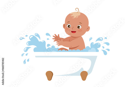 Cheerful baby happily splashing in bathtub filled with water, perfect for parenting and hygienerelated content.