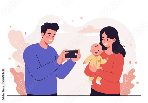 Man capturing joyful family moment. Ideal for family blogs, parenting websites, or social media posts. Suitable for advertising familyrelated products.