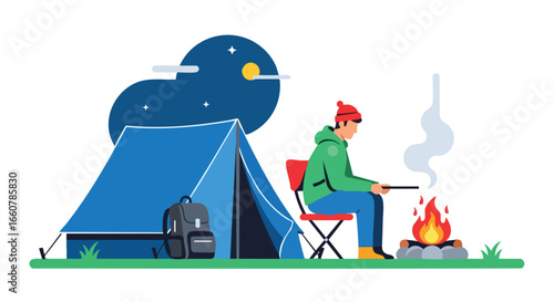 Minimalist camping illustration showing a camper enjoying campfire under the starry night sky in a serene landscape
