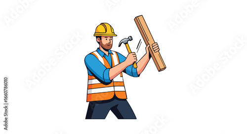 Construction worker hammering wood illustration displays carpentry expertise and building trade know-how conveying skilled craftsmanship and