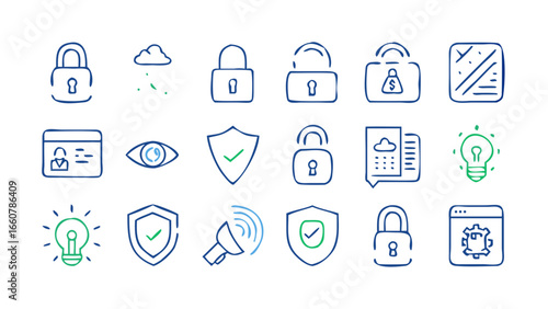 Collection of modern line art icons representing security concepts including locks shields eye and idea light bulb on black background