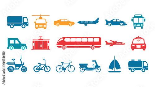 A collection of colorful flat design icons representing various modes of transportation including cars buses airplanes trains boats and bicycles on a black background