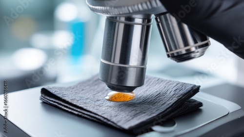 Microscope objective examining an orange droplet on dark textured fabric in a laboratory. Scientific research and material analysis.