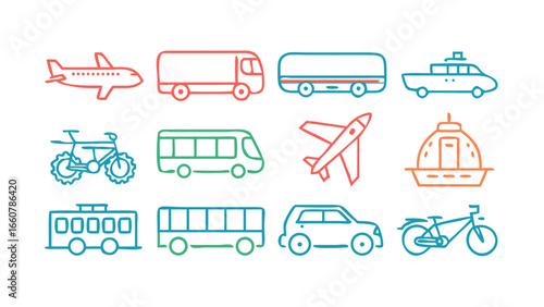 Collection of stylized colorful line art icons representing various modes of transportation and vehicles on a black background