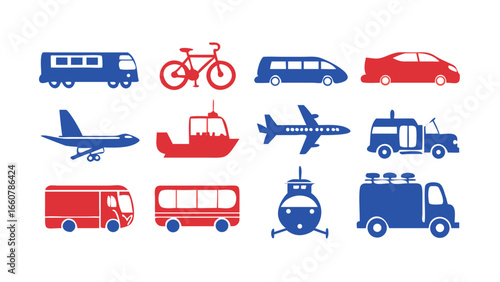 A diverse collection of stylized transportation icons featuring vehicles for land sea and air in bold red and blue colors against a black background