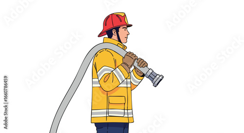 Brave firefighter carrying a hose stands ready to battle the flames and protect the community from danger with determination and courage