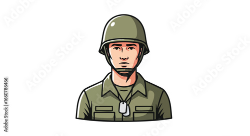 Cartoon illustration featuring a brave soldier adorned with a helmet and dog tags standing ready for duty or parade, honoring their military service