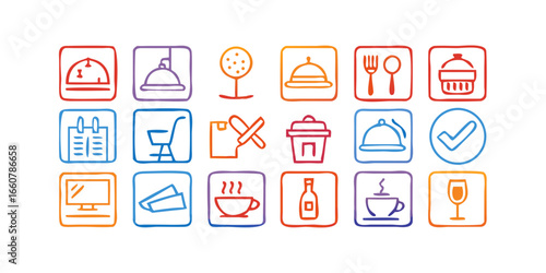 A collection of colorful hand drawn icons representing various services and amenities including food service shopping and leisure activities on a black background