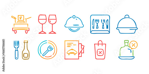 Collection of colorful neon line art icons representing various aspects of dining and restaurant services including food service beverages and ordering on a black background