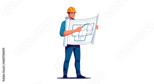 Architectural innovation: A confident engineer examining intricate blueprint plans with professional expertise design and precision architectural