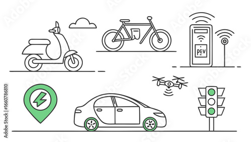 Collection of electric transportation options including a car scooter bicycle drone charging station and traffic light symbolizing eco friendly mobility and smart city concepts
