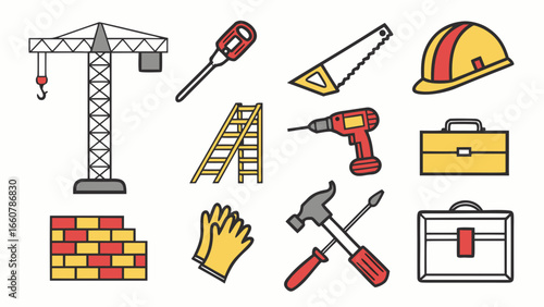 A collection of construction tools and equipment including a crane ladder saw drill hammer screwdriver hard hat gloves brick wall and toolboxes