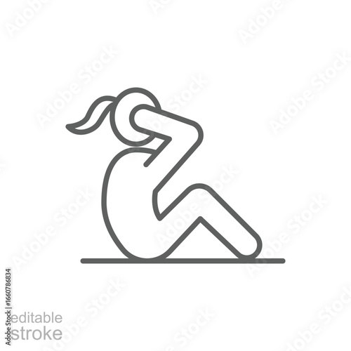Woman doing sit up, crunches icon. Simple outline style. Exercise, abs, abdomen, human, figure, person, gym concept. Thin line symbol. Vector isolated design editable stroke