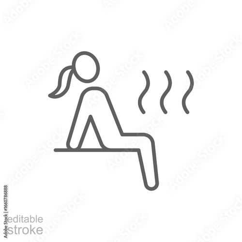 Sauna icon. Simple outline style. Steam, room, seat, spa, heater, heat, woman, finnish, sweat, person, healthy, body, healthcare concept. Thin line symbol. Vector isolated design editable stroke