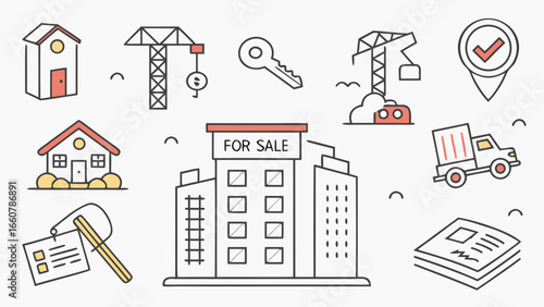 Collection of cartoon style real estate icons representing buying selling and building houses and apartments with construction cranes keys and moving trucks
