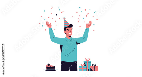 Joyful celebration with confetti: Man in birthday hat, gifts, and cake enhancing the festive atmosphere highlighting a special moment of revelry and