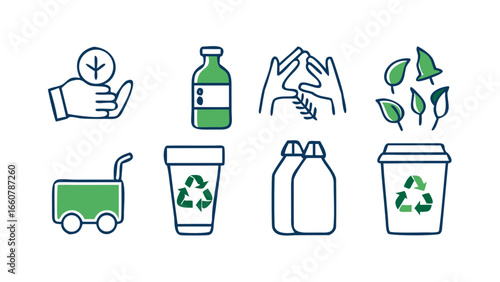 Collection of simple line art icons representing environmental sustainability and recycling including a hand holding a leaf a bottle hands caring for plants leaves a shopping cart and recycling bins