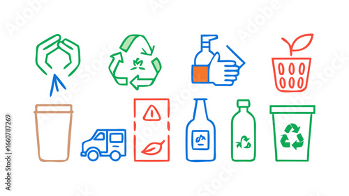 Collection of colorful line art icons representing recycling and waste management with a focus on environmental responsibility and sustainability practices
