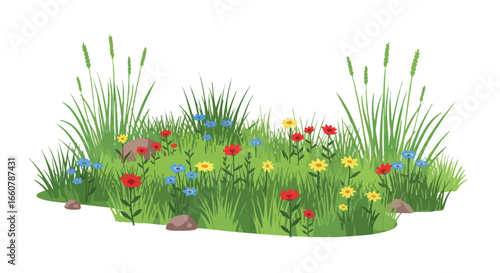 Whimsical wildflower patch illustration with vibrant blooms and lush greenery for idyllic designs, suitable for various creative projects