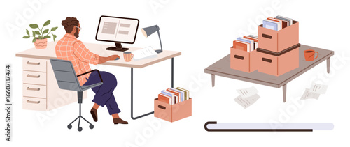 Office worker organizing papers, using a computer at a neat desk with file boxes nearby. Ideal for productivity, data organization, paperwork, filing system, workflow, efficiency, simple flat