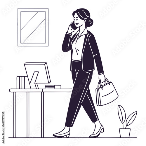 A professional business woman in a suit walks while talking on her mobile phone and carrying a handbag near her desk with a computer and a plant