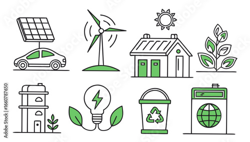 Collection of simple line drawings representing green energy and sustainable living including a solar powered car wind turbine house sun plant light bulb recycling bin and washing machine