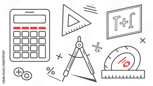 A collection of hand drawn mathematical and geometric tools including a calculator protractor compass and triangle ruler with various symbols and equations scattered around