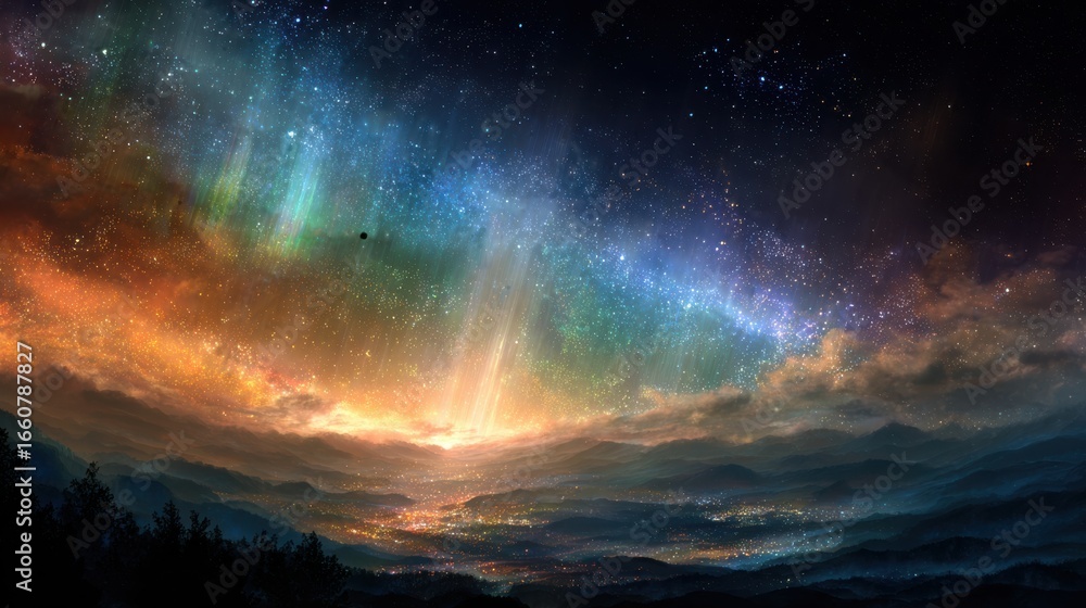 Naklejka premium Breathtaking Cosmic Landscape with Auroras and Starry Night Sky Over Majestic Mountain Range Illuminated by Glowing City Below