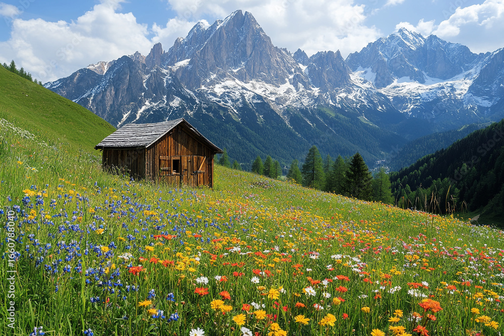 Fototapeta premium Peaceful Alpine Landscape with Wooden Hut and Scenic Mountains