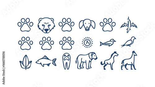 A collection of simple blue line art icons representing various animals including paw prints a bear a dog a bird a fish a lion a horse and a giraffe against a black background