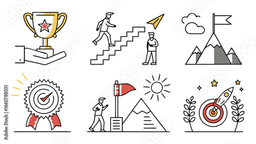 Collection of stylized line art icons representing success achievement goals and progress with a trophy medal mountain summit stairs and rocket launch