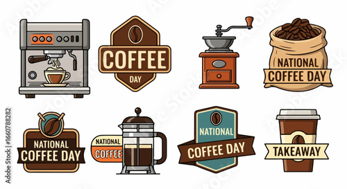 Celebrate National Coffee Day with iconic brewing tools and festive emblems