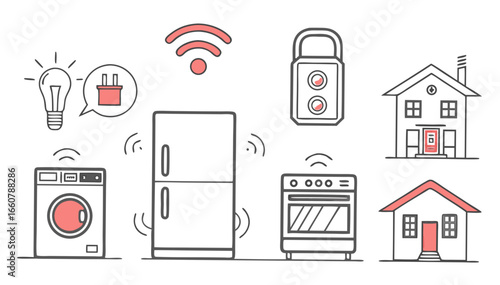 Collection of hand drawn icons representing smart home technology including a lightbulb plug washing machine refrigerator oven smart lock and houses connected by wi fi signals