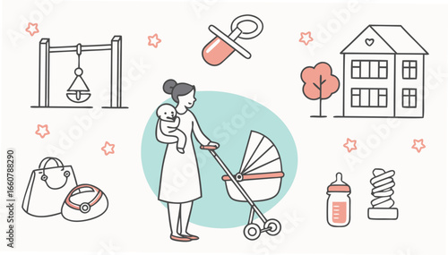 A mother holding her baby and pushing a stroller surrounded by icons representing family life home and childcare essentials like a swing pacifier and baby bottle