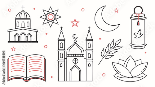 Collection of religious symbols including a mosque church open book crescent moon star lotus flower olive branch and lantern with a dove illustration