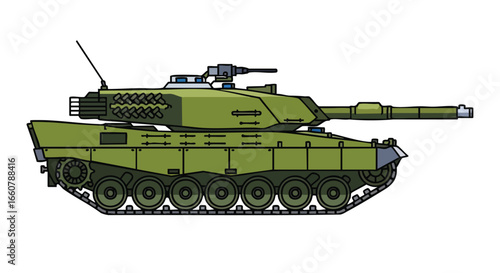 Illustrative olive drab main battle tank side profile conveying military power armored warfare mobility and defense capabilities for strategic