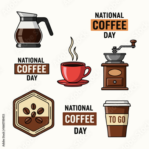 Celebrate National Coffee Day with vibrant icons and classic coffee maker elements