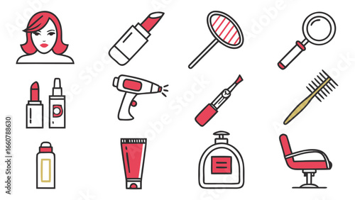 A collection of stylized icons representing beauty and salon services including a woman s face lipstick makeup brushes hairdryer and a salon chair