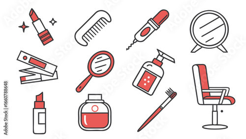 A collection of beauty and hair salon icons featuring lipstick comb mirror lotion dispenser styling chair and other accessories in a clean line art style